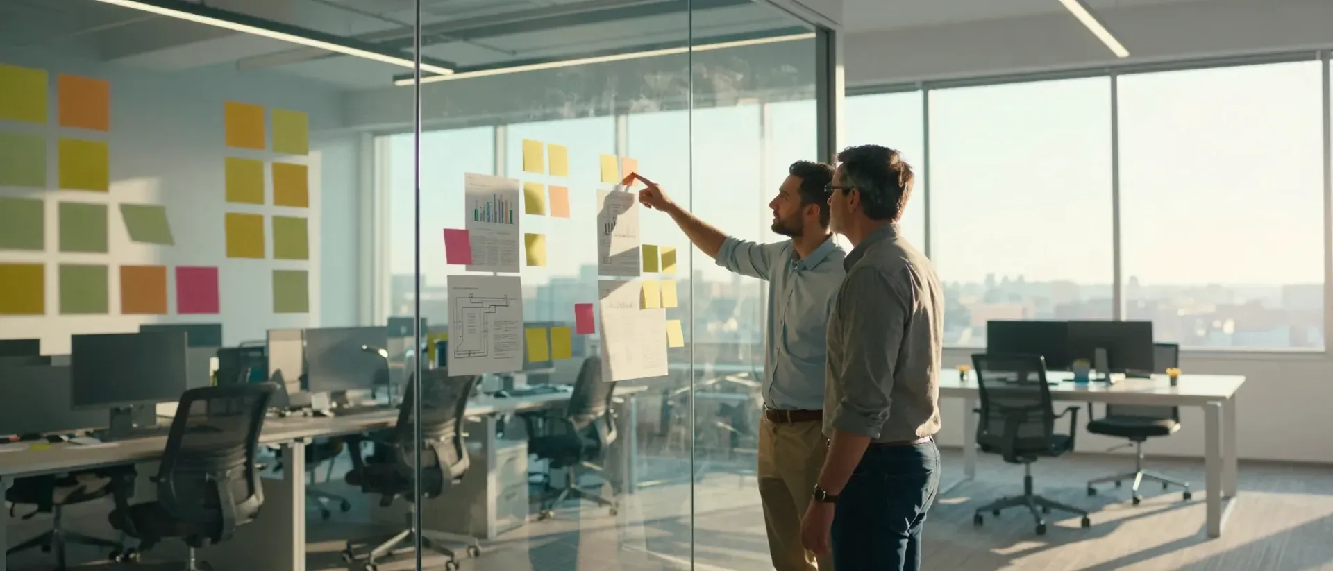 Two colleagues reviewing a wall of cards and diagrams in a bright office