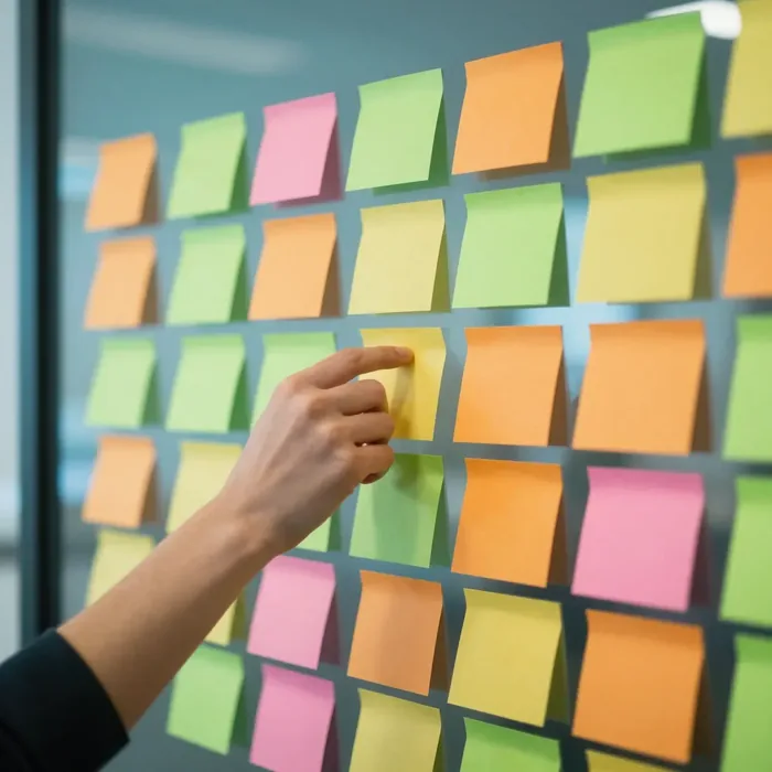 A wall of coloured cards arranged in columns