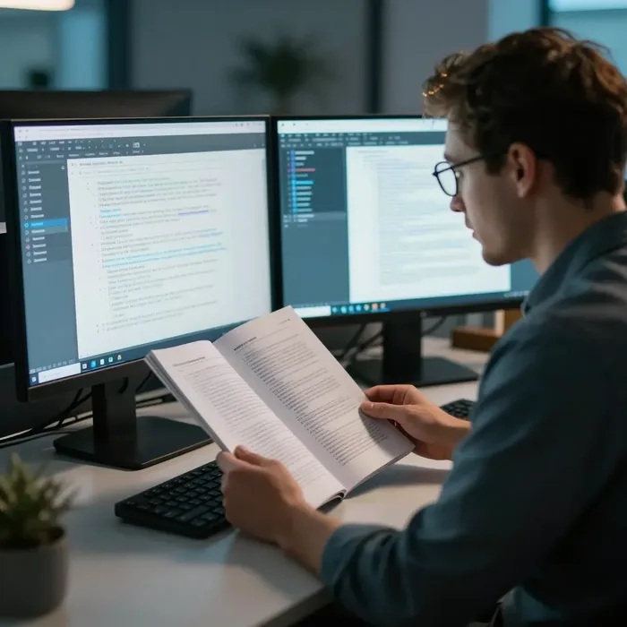 An architect reading technical documentation on two monitors