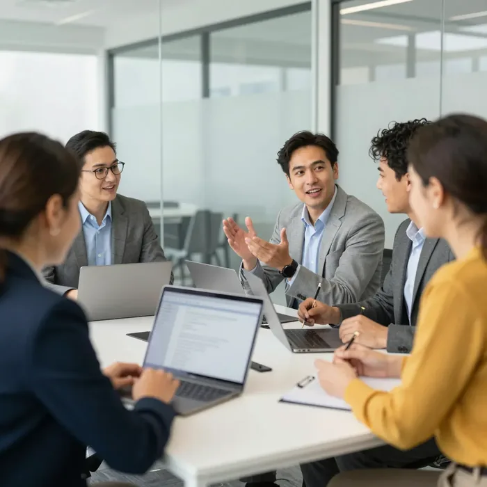 A delivery team in discussion around laptops